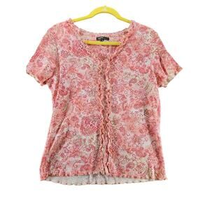 Oneworld Womens Top Size Medium Multi-Color 100% Cotton Short Sleeve Pullover